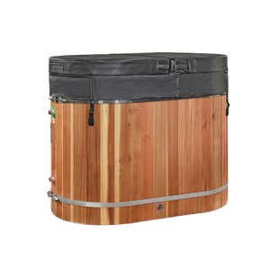 DCT oval barrel cold plunge tub with insulated cover fitted