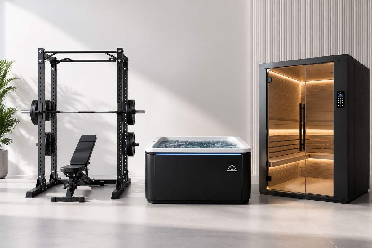 Home gym setup with a power rack, adjustable bench, cold plunge tub and infrared sauna