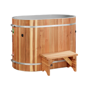 DCT oval barrel cold plunge tub in Pacific Cedar, front view with entry step