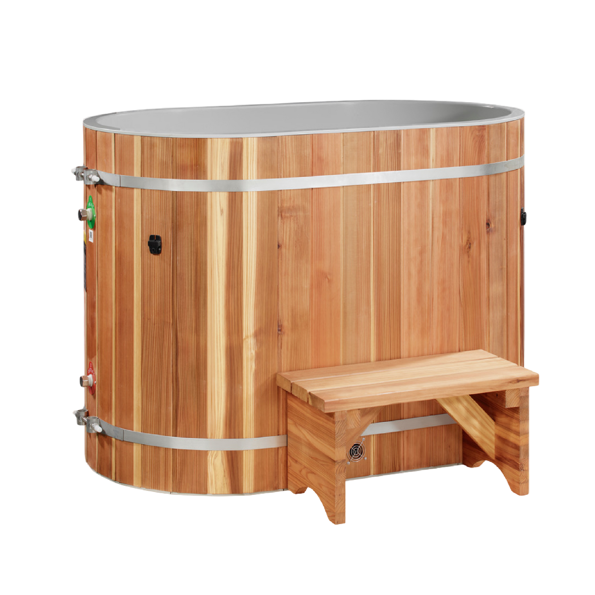 DCT oval barrel cold plunge tub in Pacific Cedar, front view with entry step