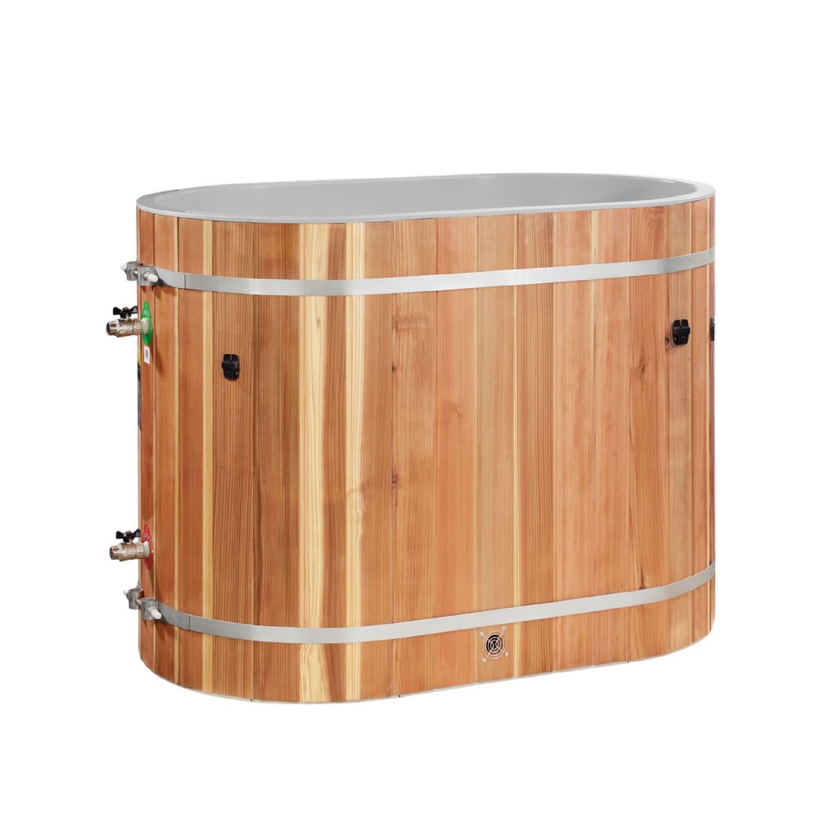 DCT oval barrel cold plunge tub showing inlet and outlet valves