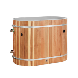 DCT oval barrel cold plunge tub showing inlet and outlet valves