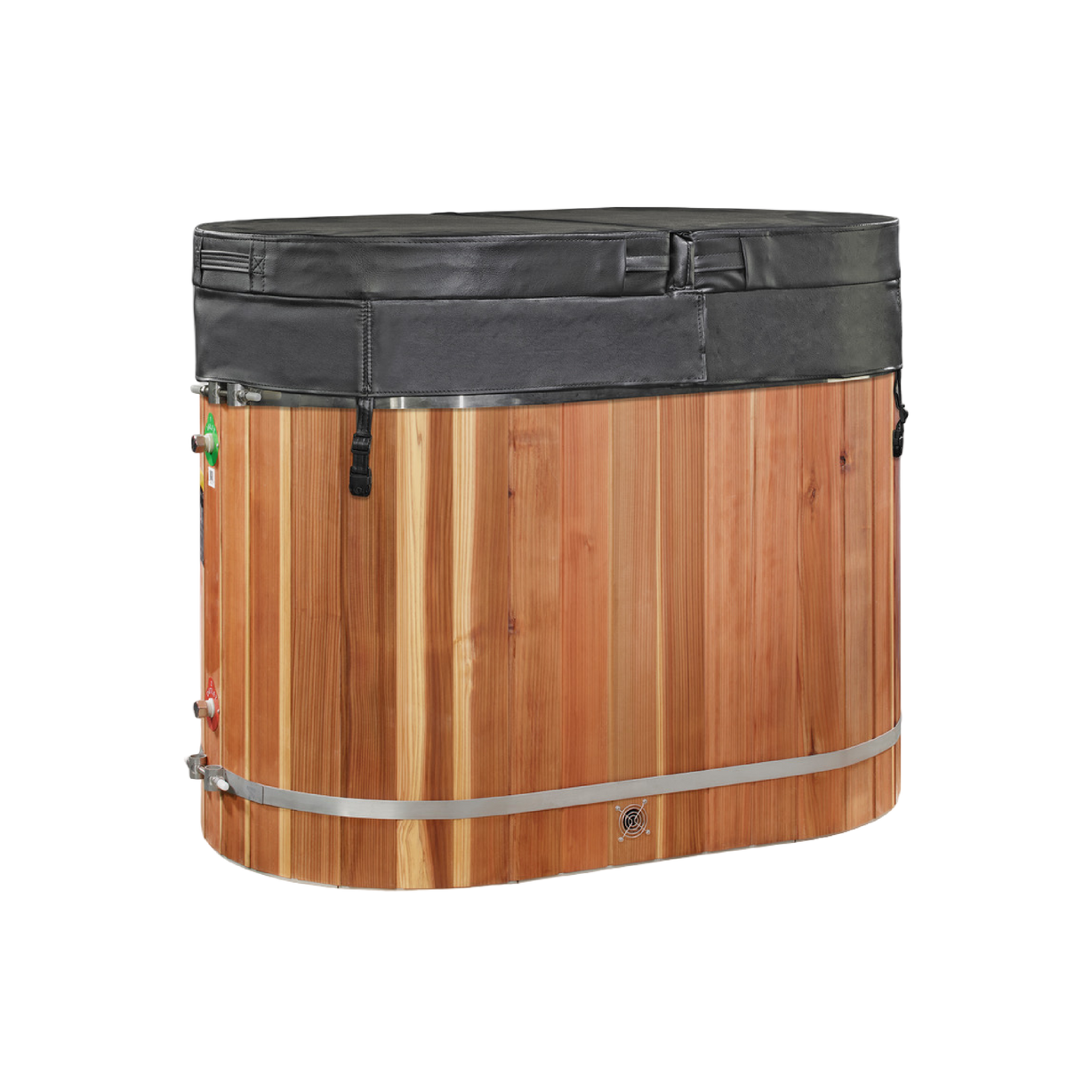 DCT oval barrel cold plunge tub with insulated cover fitted